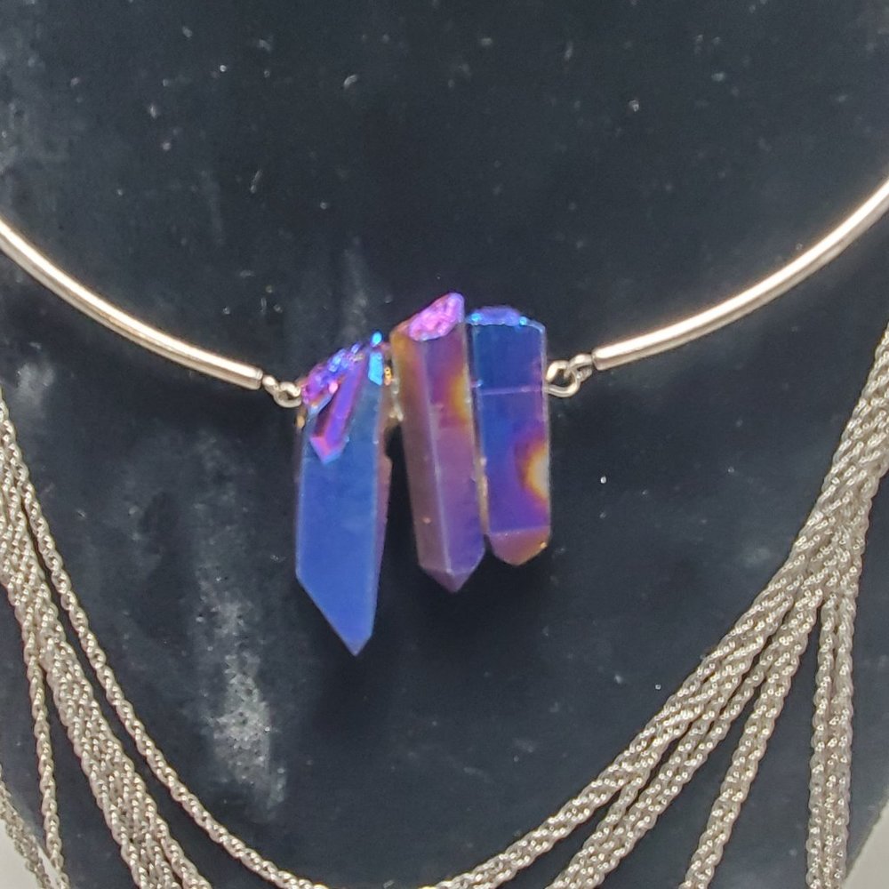 Gimmicks Silver-Tone Aura Quartz Crystal & 10-Row Multi-Strand Layered Collar Ne - Picture 3 of 9